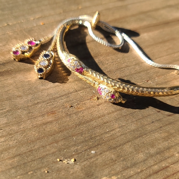 Topaz &Ruby Dual bronze Snake Adjustable .925 sterling Bracelet - Picture 8 of 12